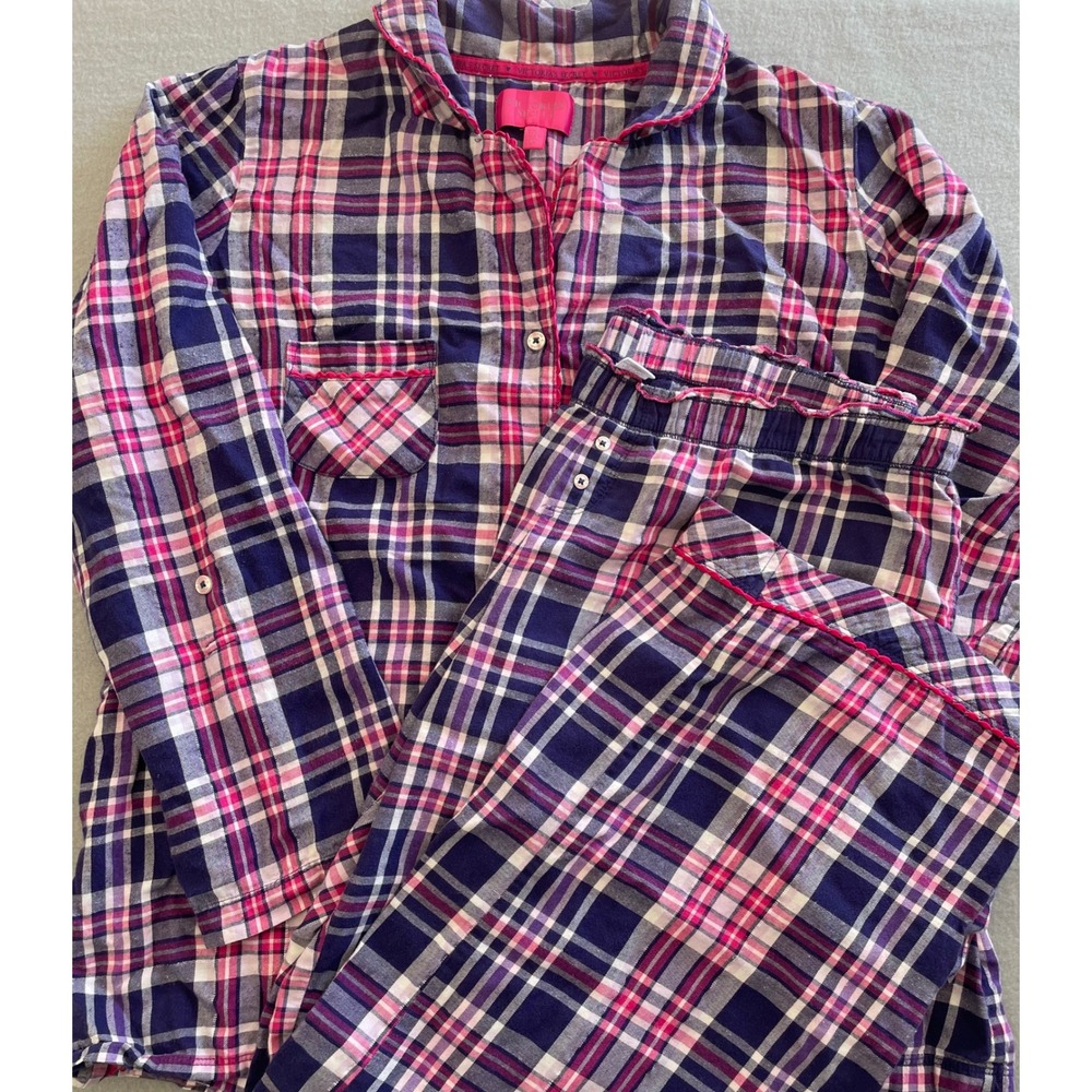 Victoria's Secret Plaid Pajama Set Navy Pink White Cotton Blend L/G